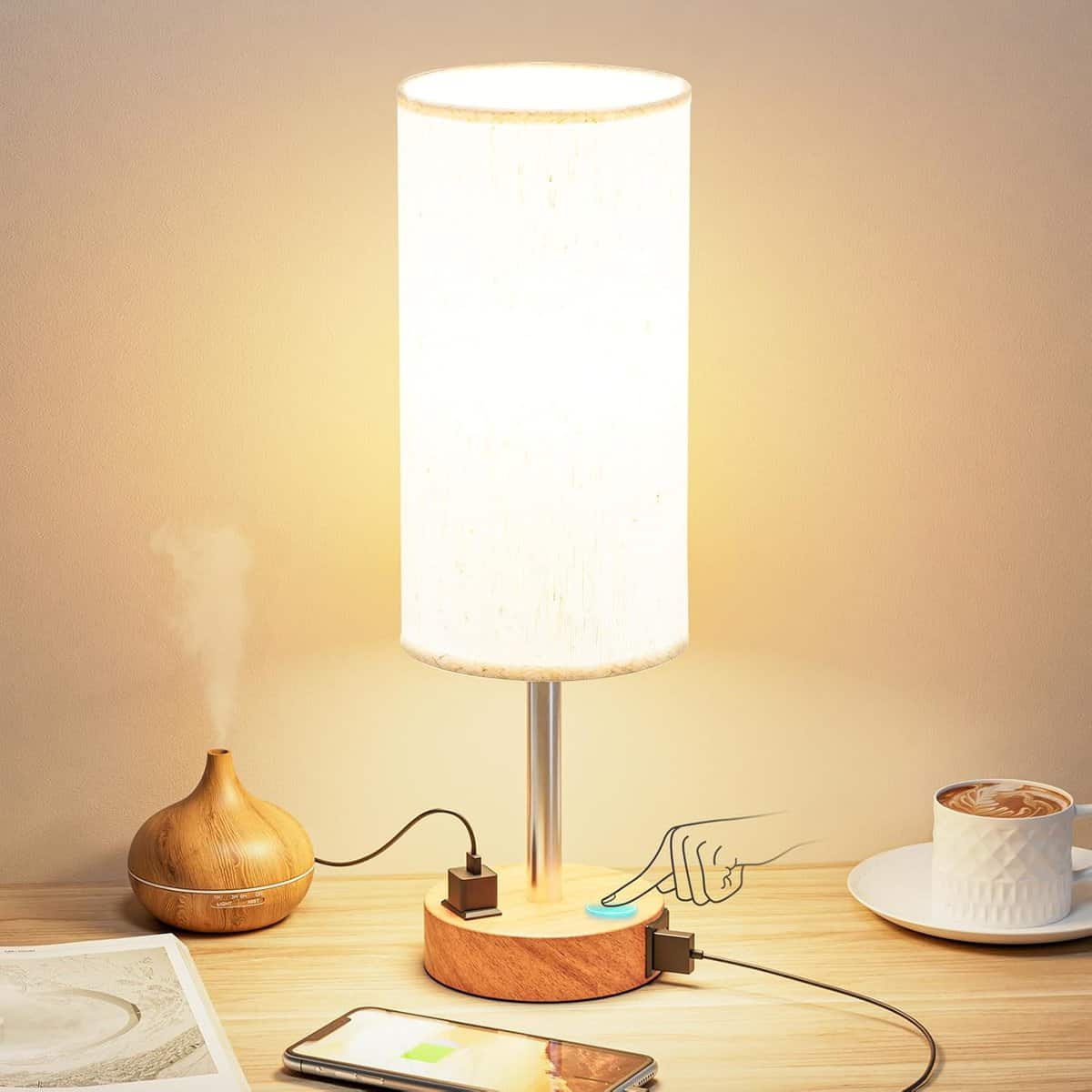 Bedside Table Lamp for Bedroom - 3 Way Dimmable Touch Lamp USB C Charging Ports