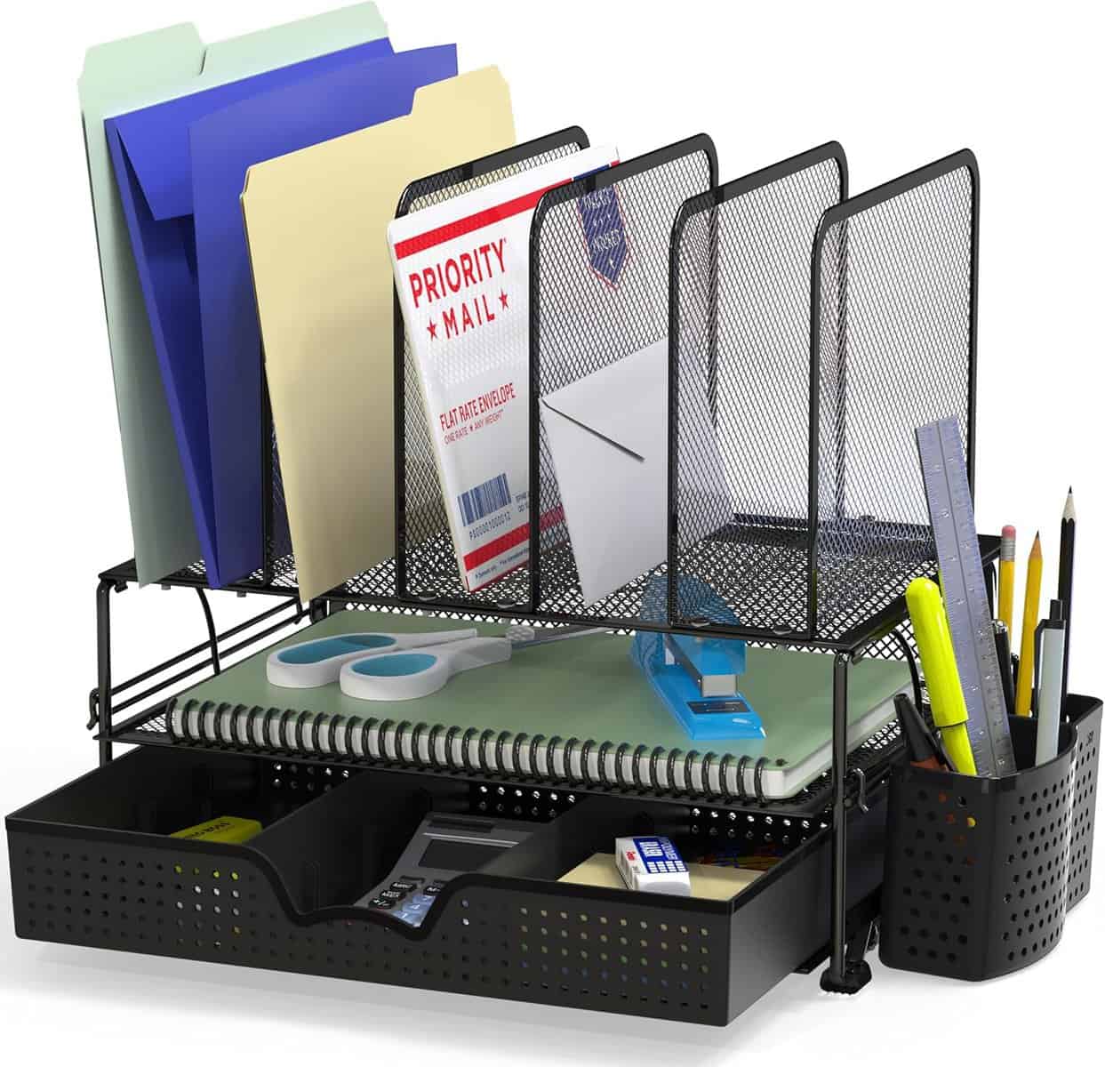 Simple Houseware Mesh Desk Organizer with Sliding Drawer, Double Tray and 5 Upright Sections