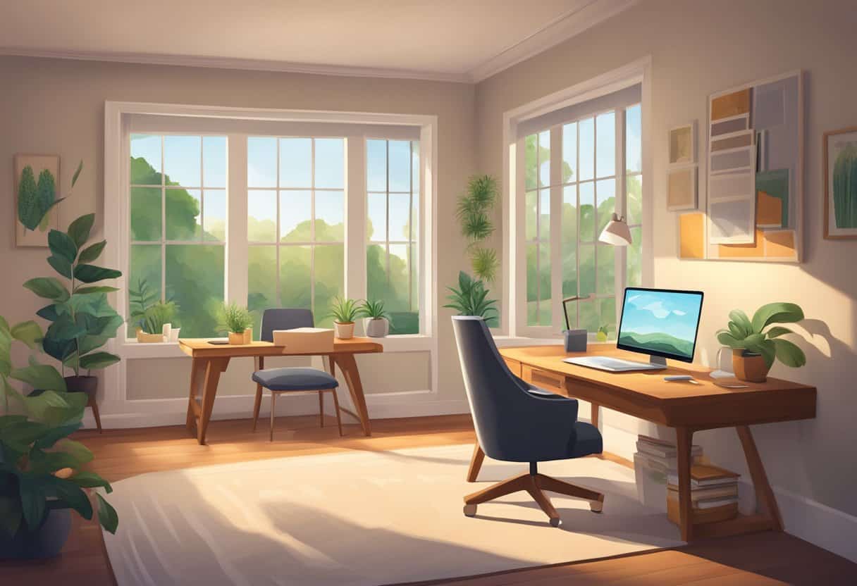 A cozy home office with a laptop, desk, and comfortable chair. A warm, inviting atmosphere with natural light and a view of nature outside the window