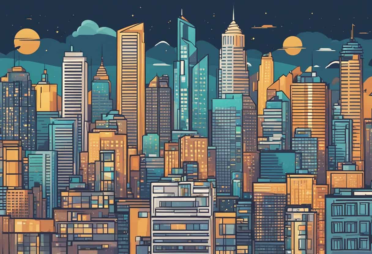 A bustling city skyline with prominent company logos displayed on high-rise buildings, indicating the top 15 companies hiring for remote work in 2024