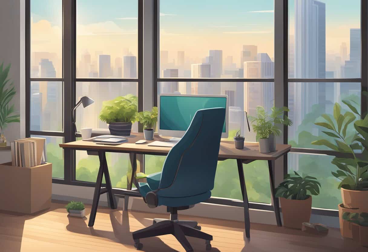 A home office with a computer, desk, and comfortable chair. Outside the window, a bustling cityscape or peaceful nature scene