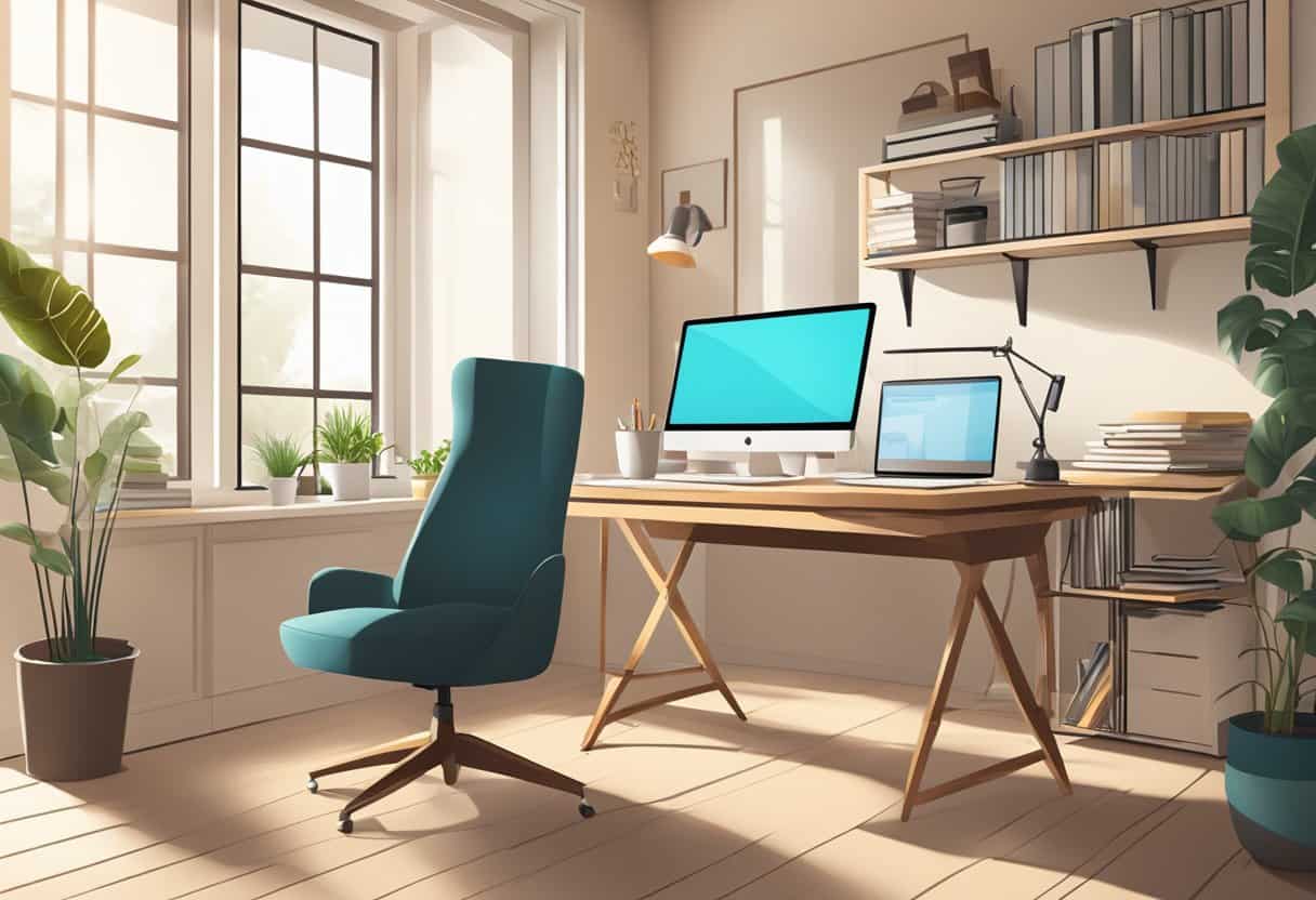 A home office with a computer, comfortable chair, and natural light. A virtual meeting in progress on the screen. Productivity tools and personal touches are visible