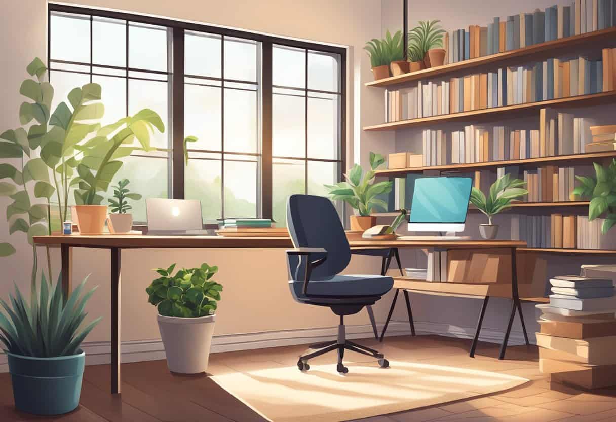 A cozy home office with a computer, desk, and comfortable chair. A shelf with books and plants, natural light streaming in through a window