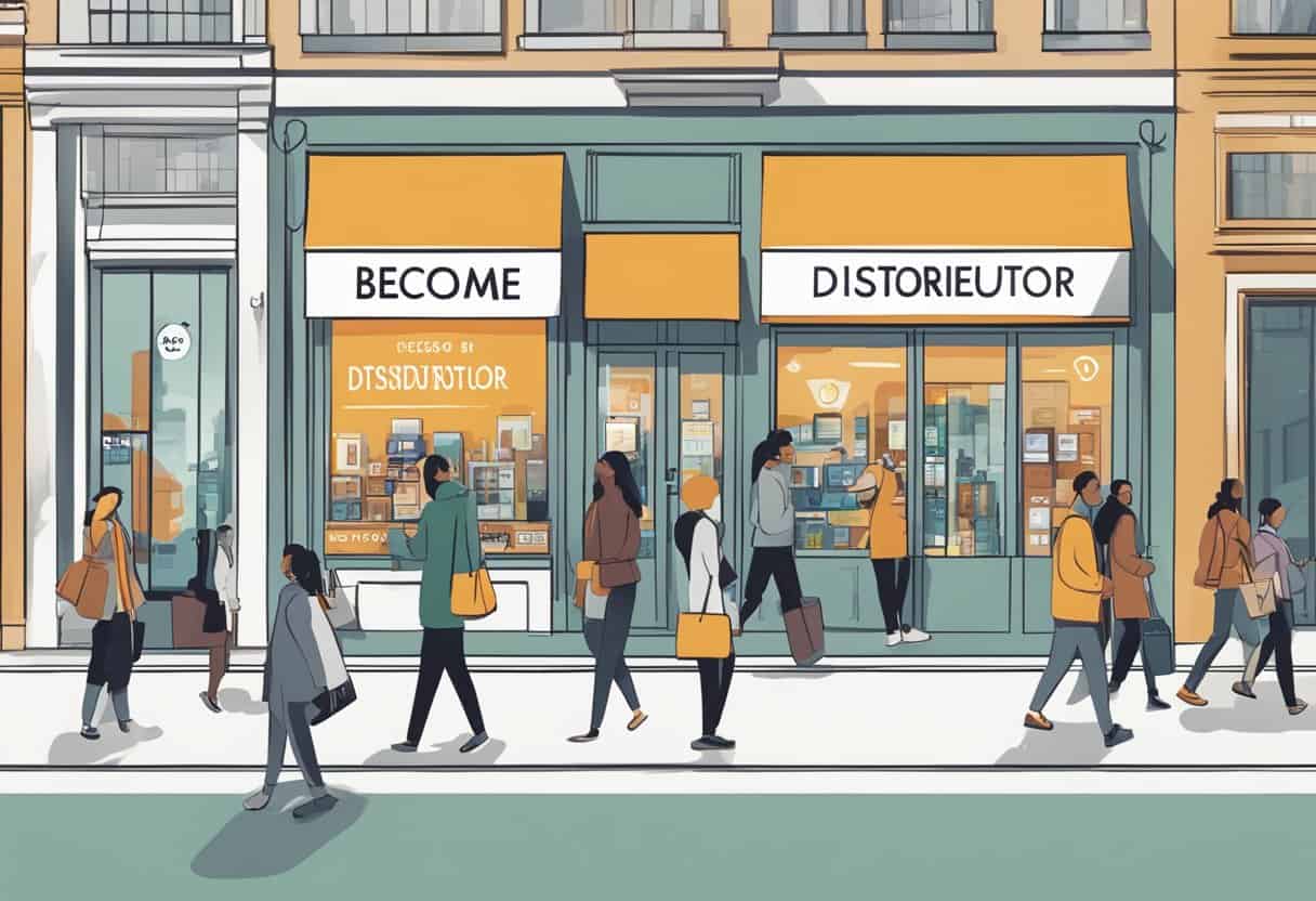 A bustling city street with a diverse group of people passing by a storefront displaying lifeline phones. A sign reads "Become a Distributor" with contact information