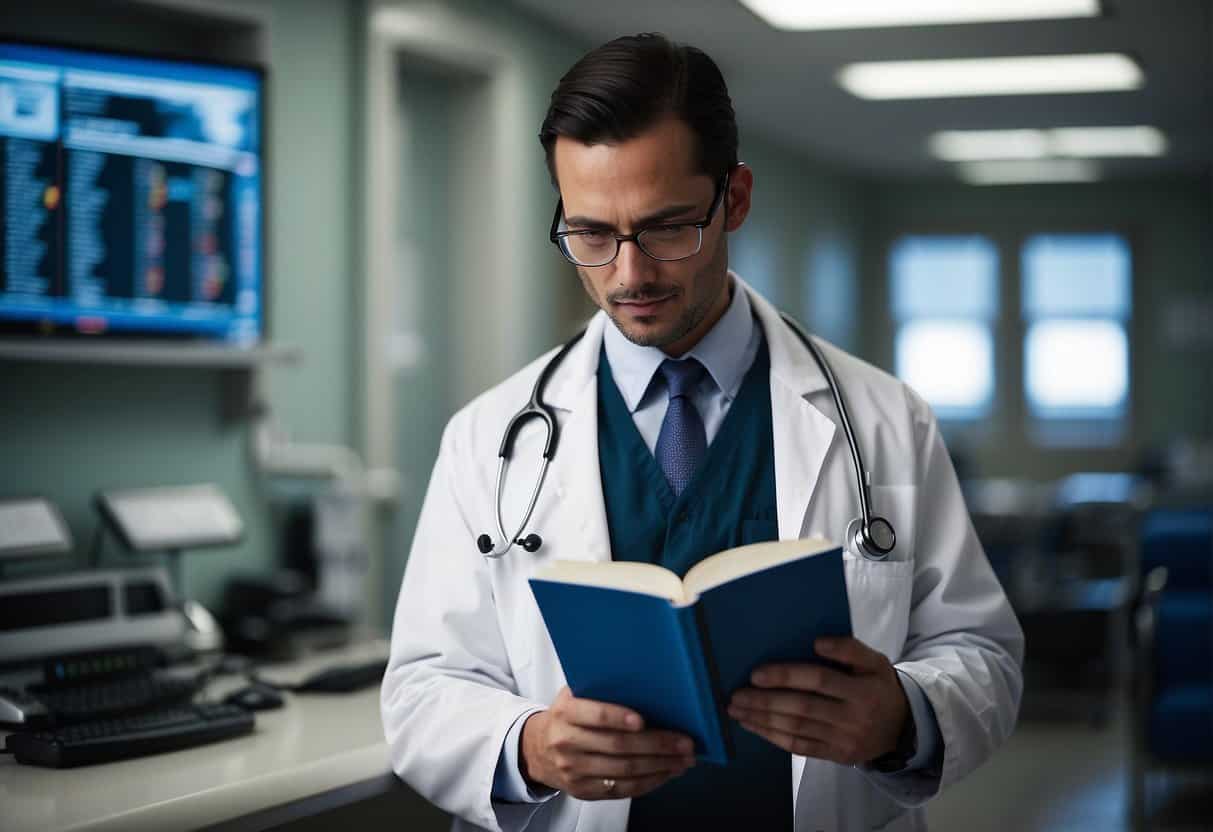 A medical translator studying textbooks, attending lectures, and shadowing professionals in a hospital setting
