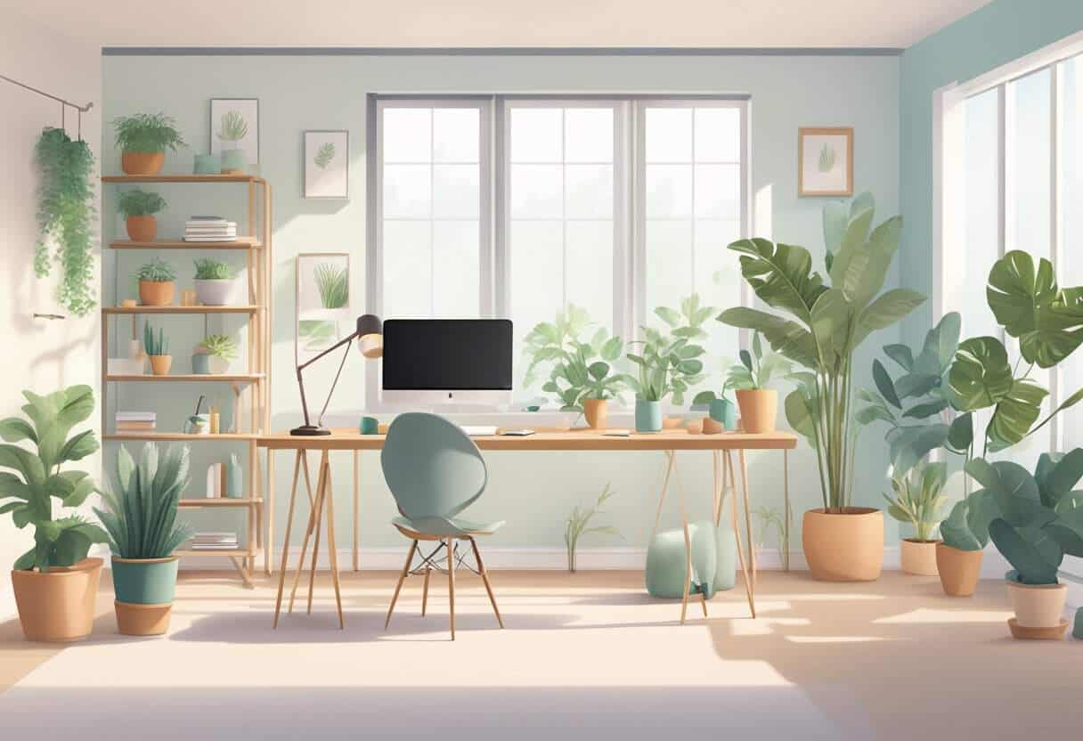 A bright, spacious room with natural light, ergonomic furniture, plants, and calming decor. A standing desk and exercise equipment are visible, promoting physical activity. A peaceful atmosphere is conveyed through soft colors and minimal clutter