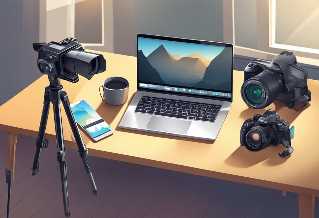 A camera on a tripod with a backdrop and lighting setup, alongside a laptop and editing equipment on a desk