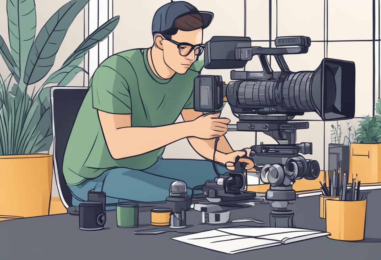 A freelance videographer sets up equipment for a shoot, with a focus on maximizing their hourly rate