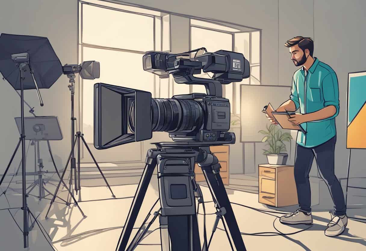 A video camera on a tripod with a freelance videographer adjusting settings and checking lighting in a studio environment