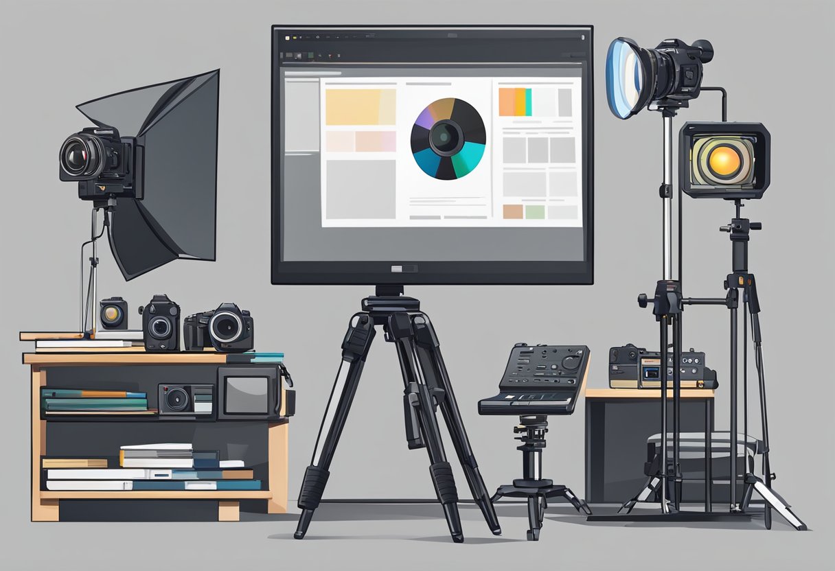 A videographer's equipment set up in a studio, with a camera on a tripod, lighting equipment, and a computer for editing