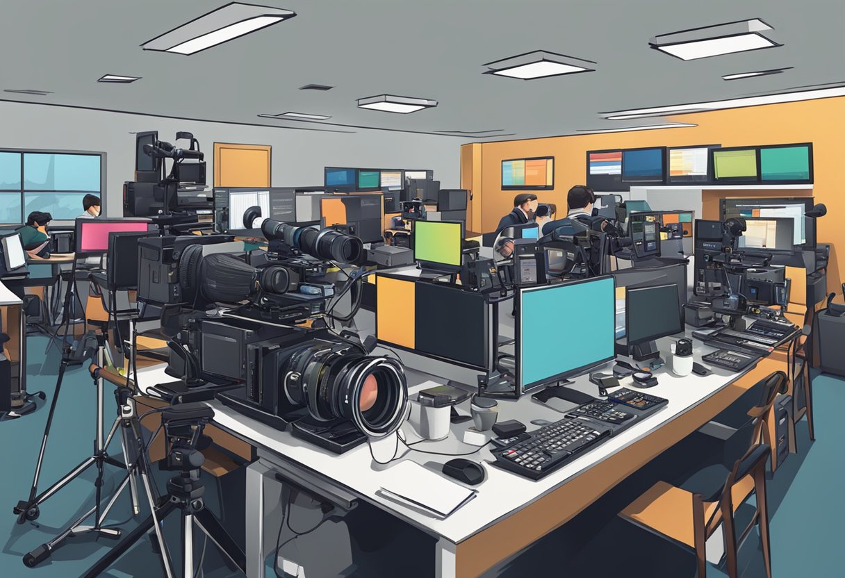 A busy videography market with equipment, computers, and clients