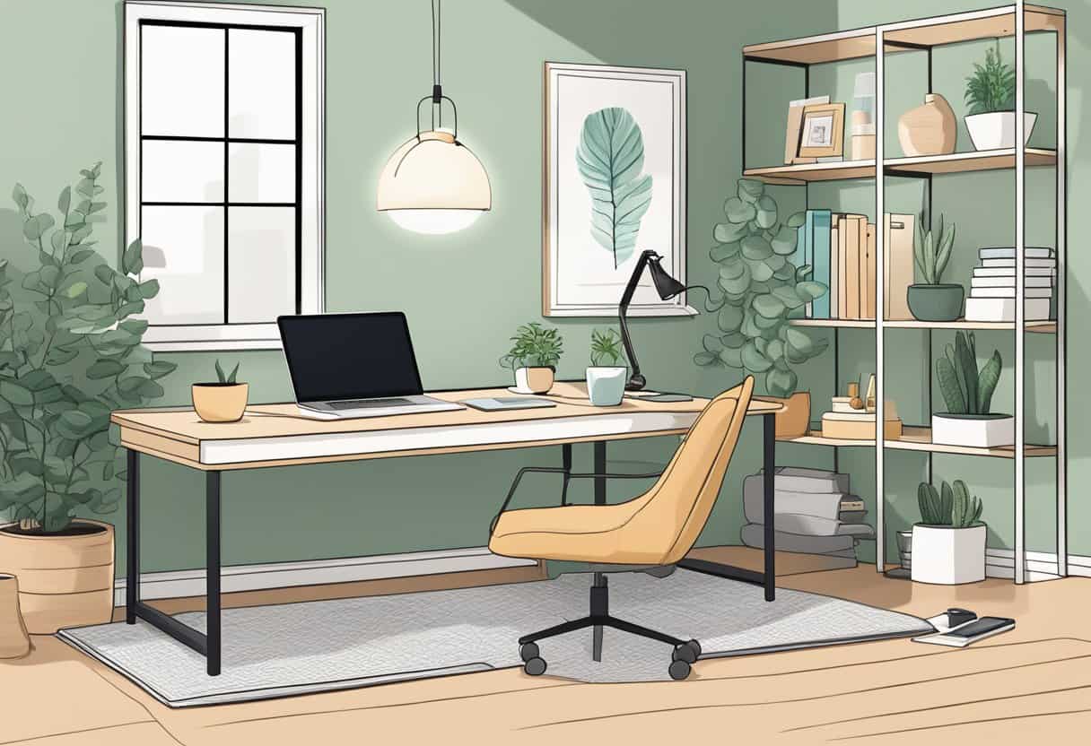 A bright, organized home office with ergonomic furniture, natural light, plants, and a calming color scheme. A laptop and notebook sit on the desk, while a yoga mat and meditation cushion are nearby