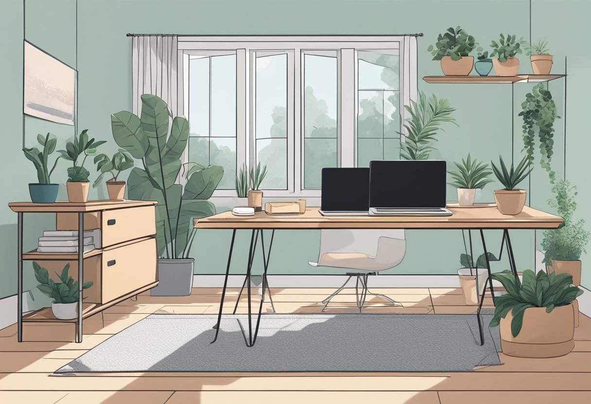 A well-lit home office with ergonomic furniture, plants, and a calming color scheme. A laptop and notebook sit on the desk, while a yoga mat and meditation cushion are nearby