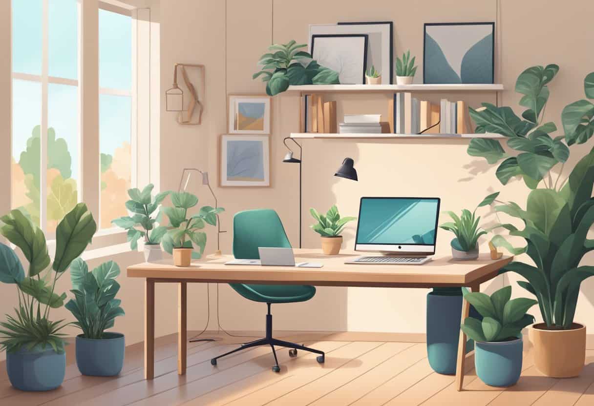 A serene home office with natural light, plants, ergonomic furniture, and calming colors. A laptop and notebook sit on the desk, surrounded by a cozy atmosphere