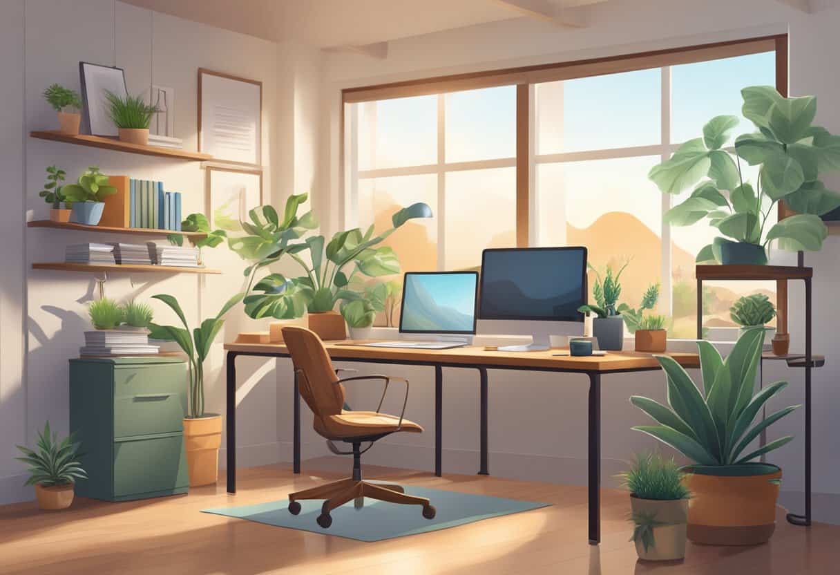 An office desk with a computer, ergonomic chair, plants, and natural light, surrounded by a peaceful and organized home environment