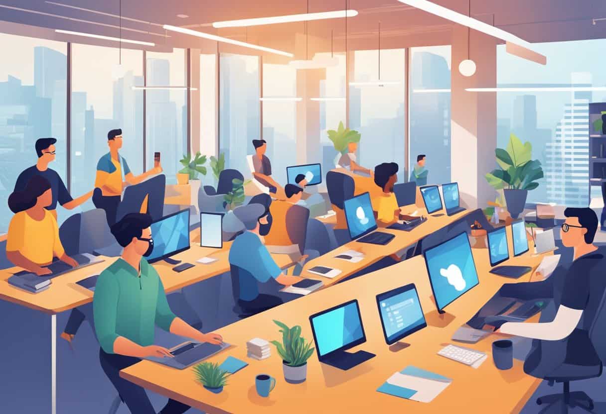 A bustling virtual office with employees working from home, connecting through video calls and collaborating on digital platforms. The top 15 remote work companies' logos prominently displayed