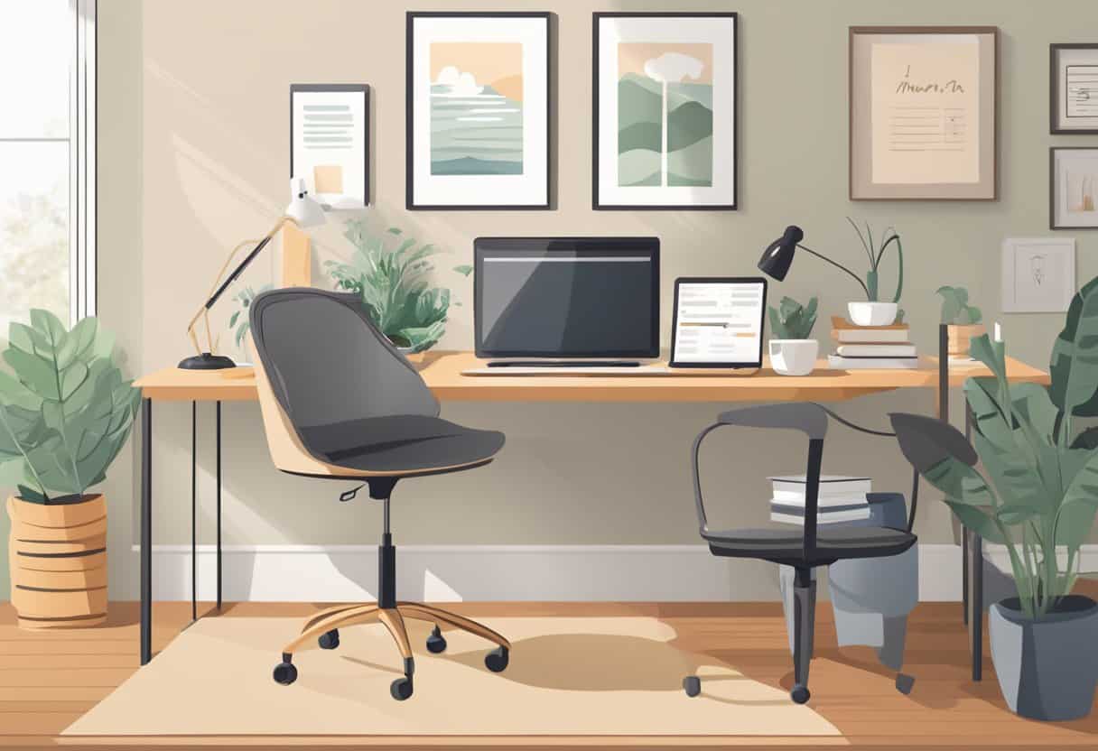 A cozy home office with a computer, desk, chair, and a warm, inviting atmosphere. A calendar with flexible scheduling and a list of legitimate work-from-home opportunities for moms displayed on the wall