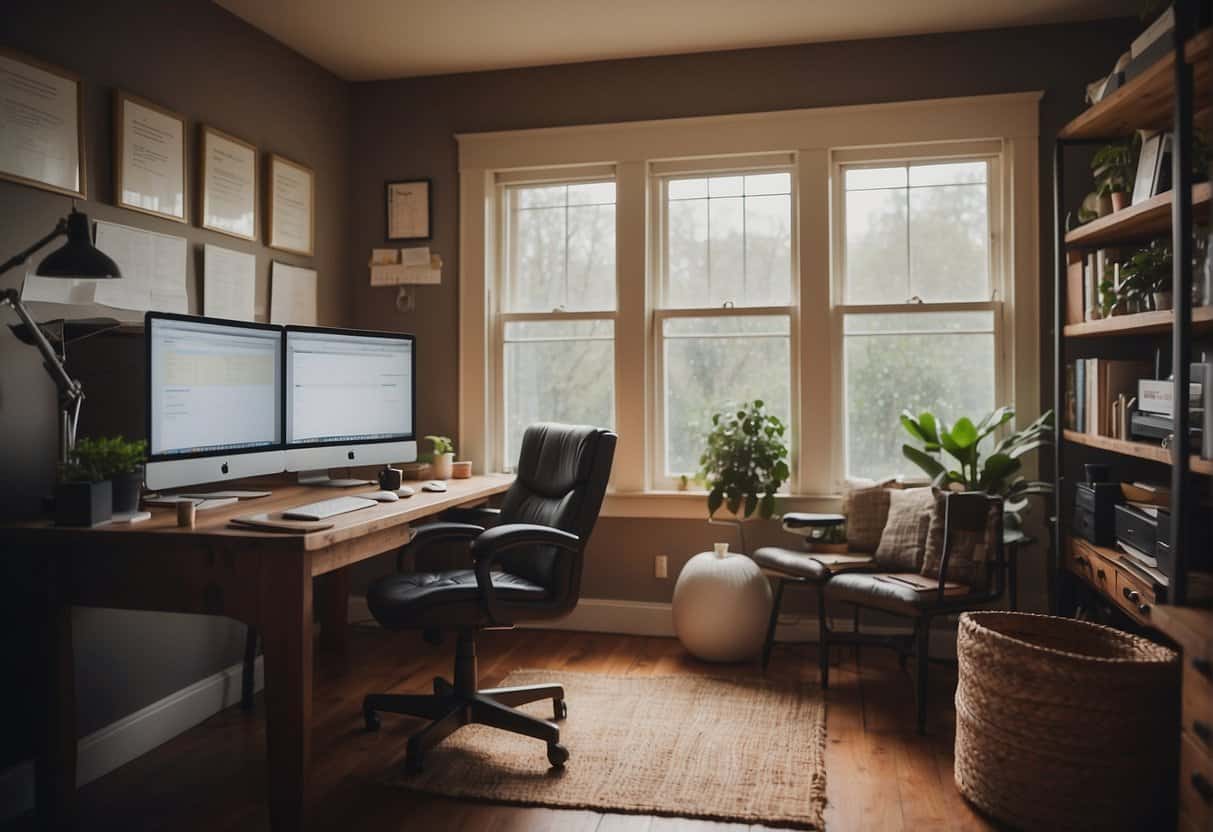A cozy home office with a computer, desk, and comfortable chair. A calendar and to-do list on the wall. A stack of books and a mug of coffee on the desk