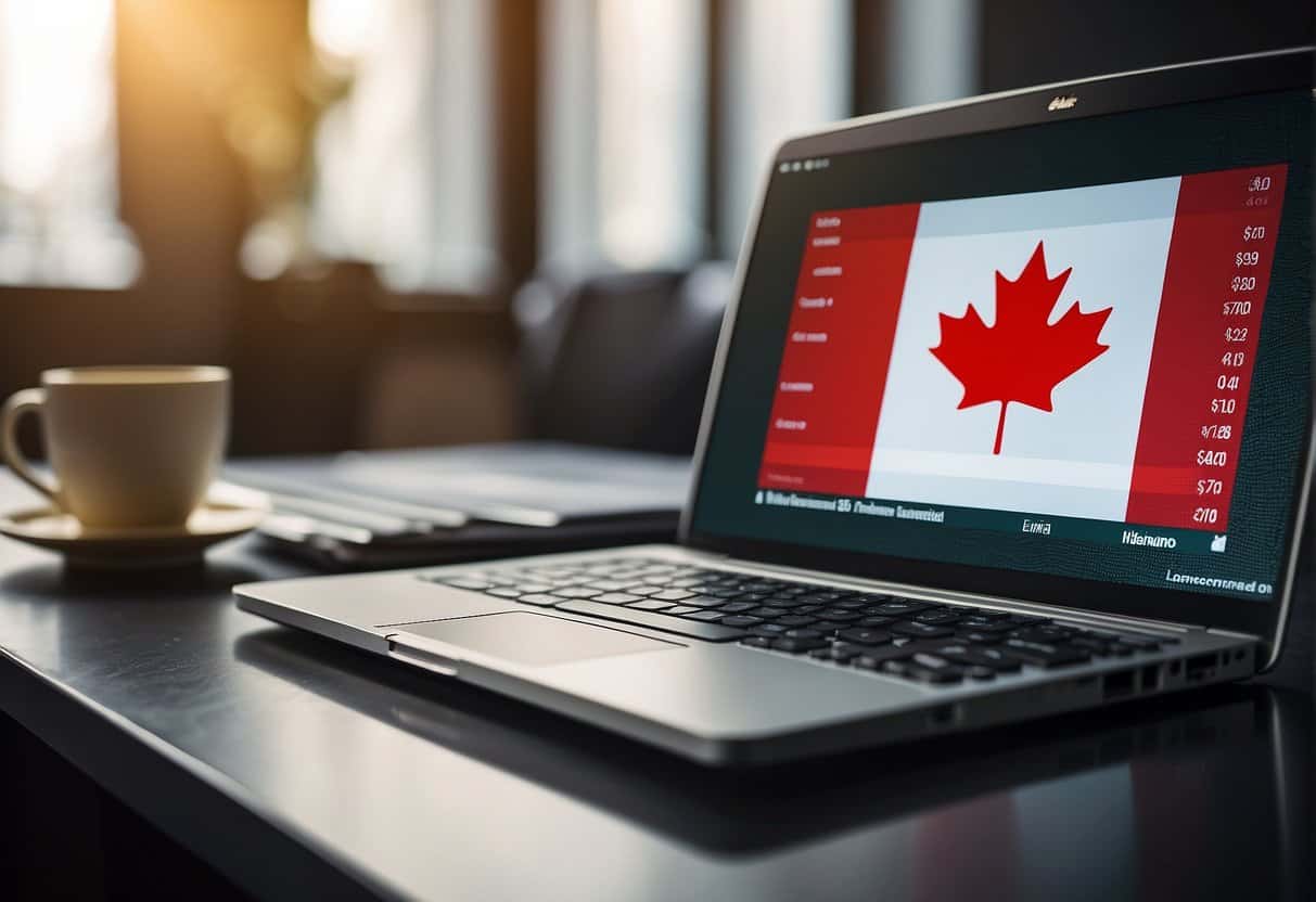 A laptop with a Canadian flag sticker sits on a desk. A stack of bills and a calculator are nearby. A graph on the screen shows income increasing over time