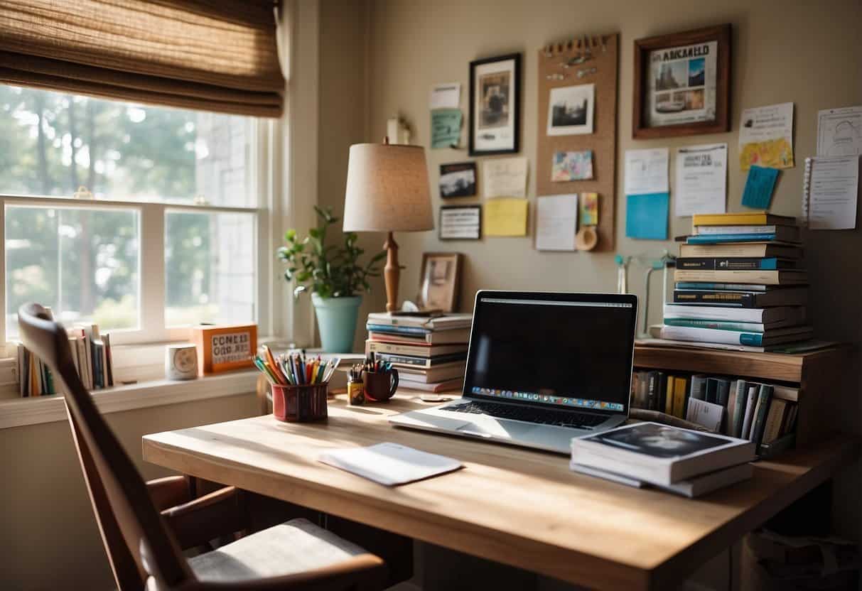 A cozy home office with a desk cluttered with art supplies, a laptop, and a stack of books. A bright window provides natural light, and a bulletin board is covered in colorful sketches and inspirational quotes
