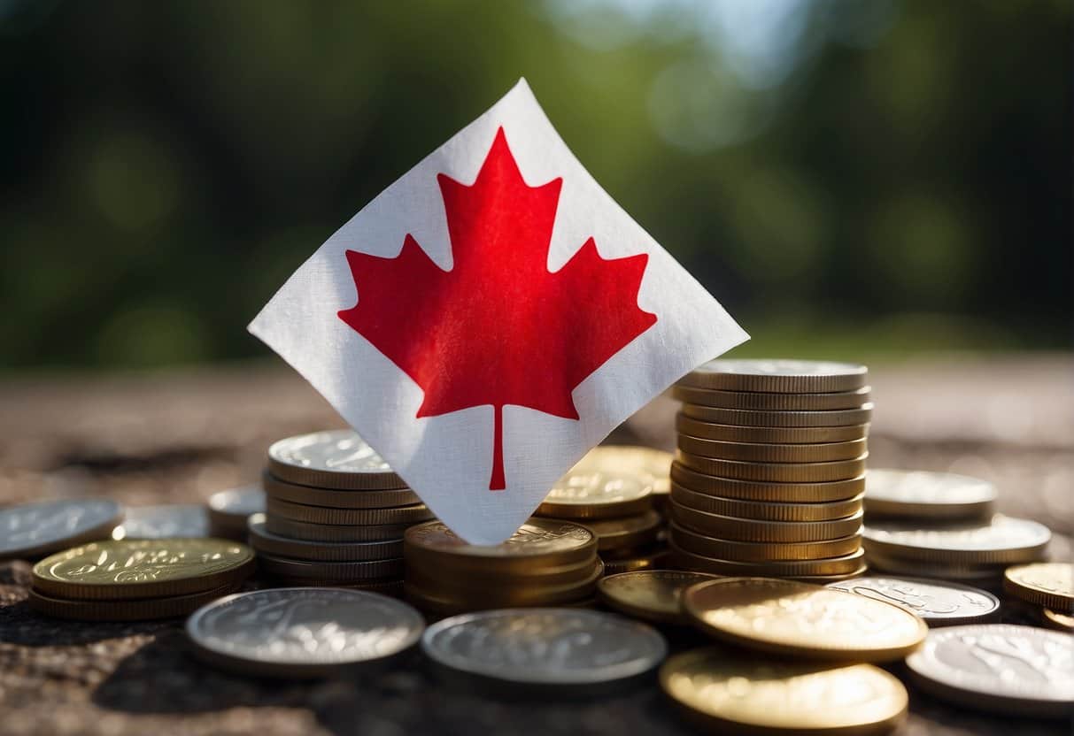 A Canadian flag waving in the wind with a stack of money next to it, symbolizing earning $1000 per month in Canada