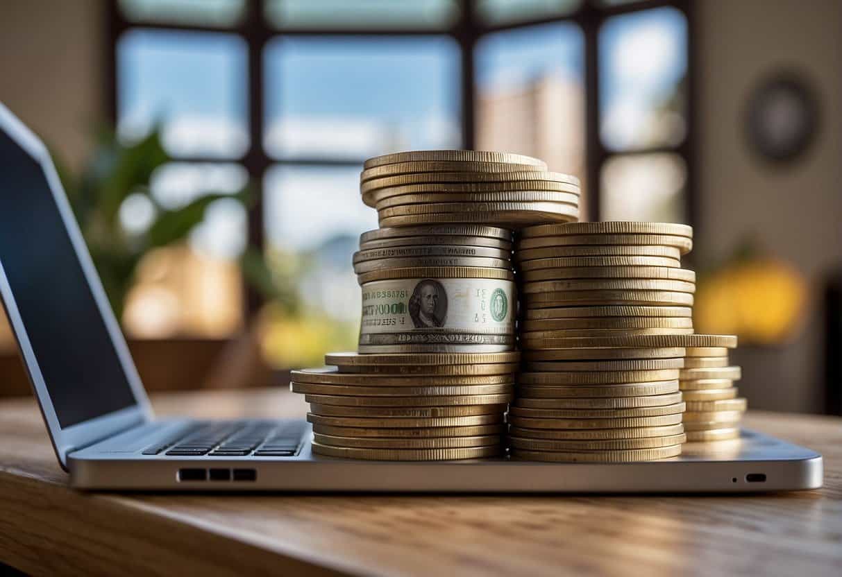 A stack of Canadian currency sits atop a table, alongside a laptop displaying various income-generating opportunities. A calendar hangs on the wall, with dates marked for financial goals