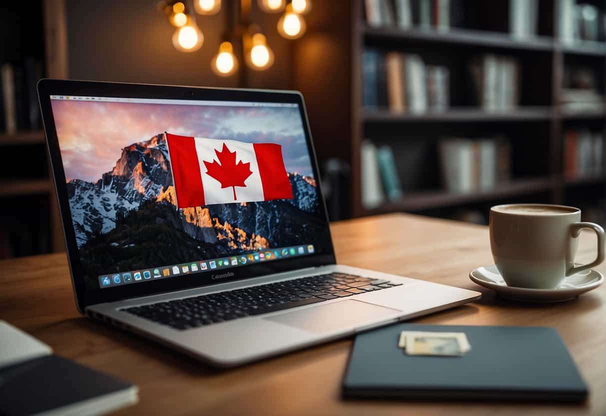 A laptop with a Canadian flag sticker sits on a desk, surrounded by books on earning online income. A graph shows a steady increase in earnings to $1000 per month