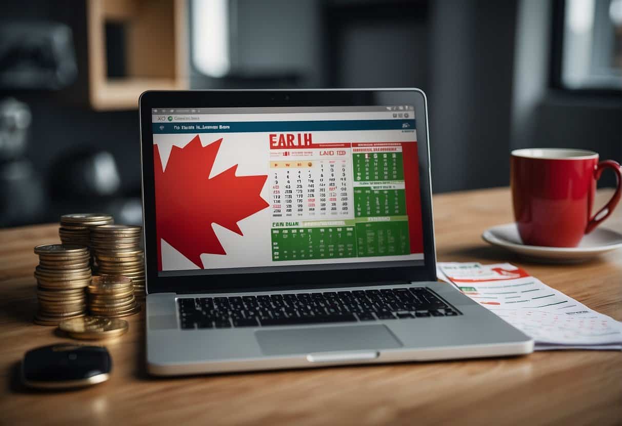 A laptop with a Canadian flag sticker, a stack of Canadian currency, and a calendar with "earn $1000/month" circled