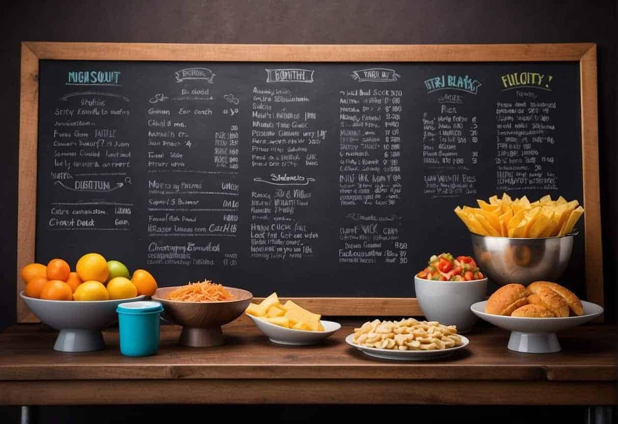 A colorful chalkboard displays daycare menus for breakfast, lunch, and snack ideas. Each meal is listed with vibrant illustrations of food items