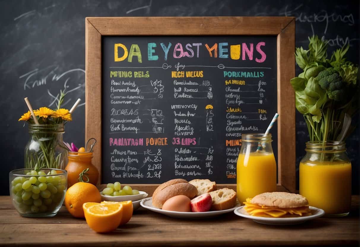 A colorful chalkboard displaying daily menus with breakfast, lunch, and snack ideas for a daycare, surrounded by happy children's drawings and playful illustrations