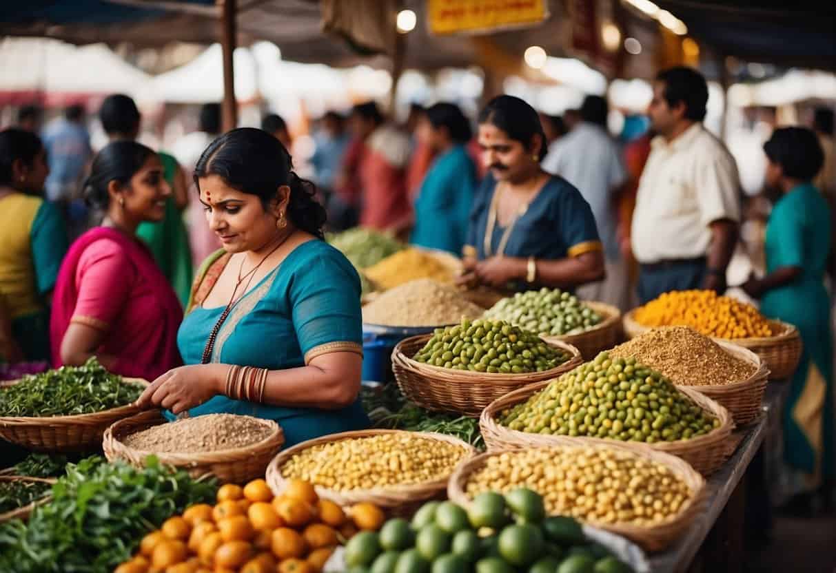 A bustling Indian marketplace with women working in various professions