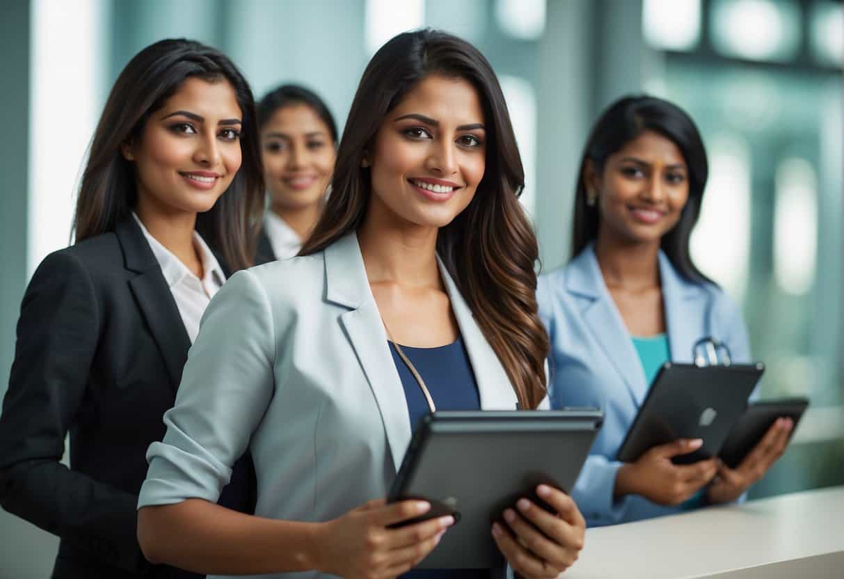 A group of diverse female professionals in India, representing emerging careers and specializations, engaged in various work activities