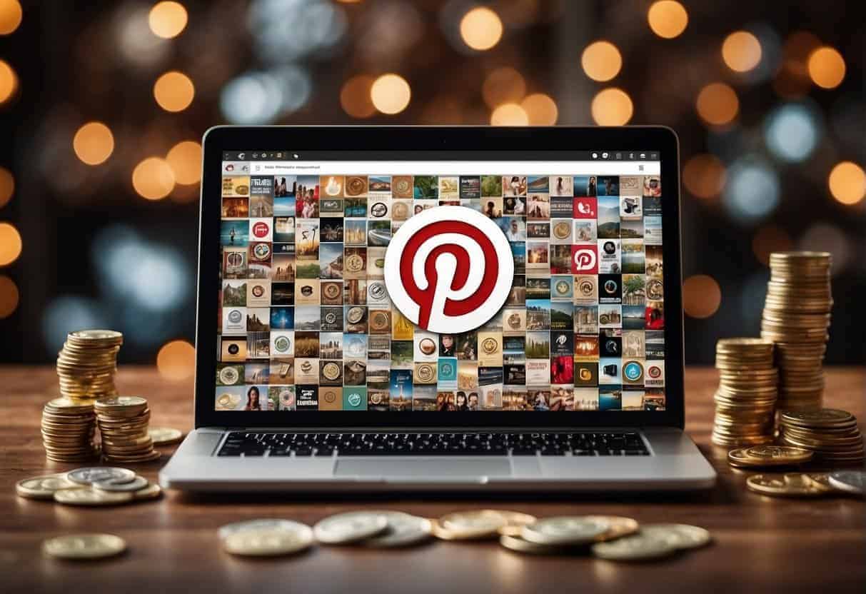 A laptop displaying a Pinterest profile with engaging content, surrounded by money symbols and influencer badges