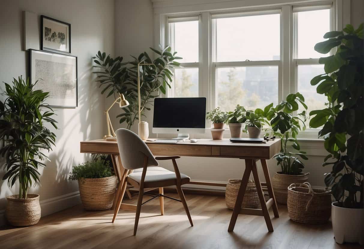 A tranquil home office with natural light, a clutter-free desk, and a comfortable chair. Plants and calming decor add to the peaceful atmosphere