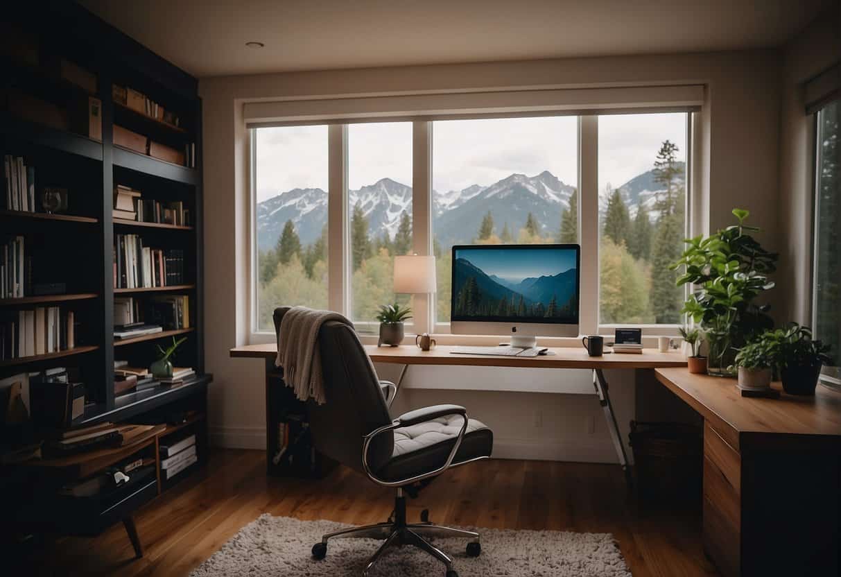 A tranquil home office with a computer, a cozy chair, and a view of nature through a window