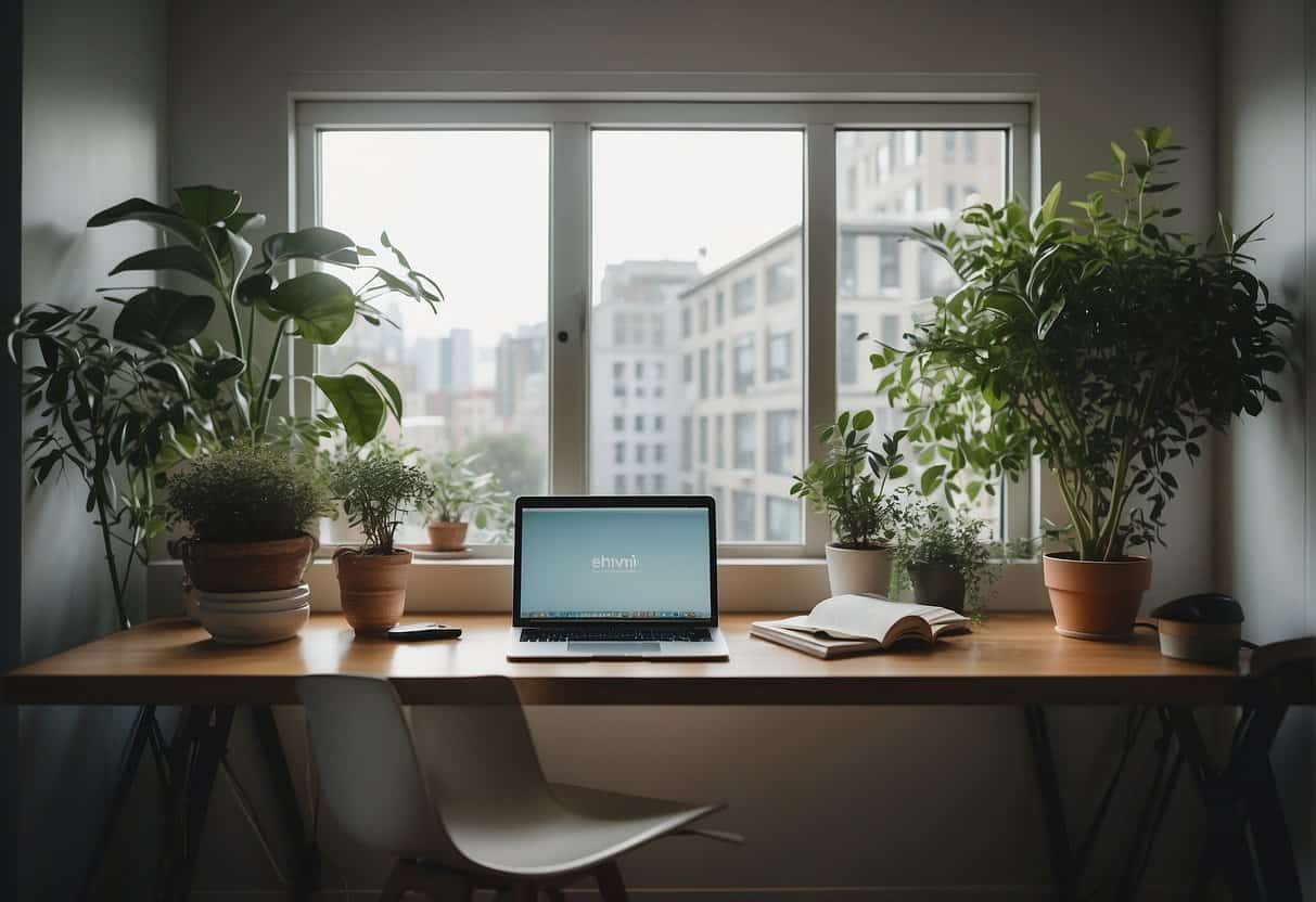 A clutter-free desk with a laptop, notebook, and a plant. A serene view through a window, natural light, and a calming color scheme
