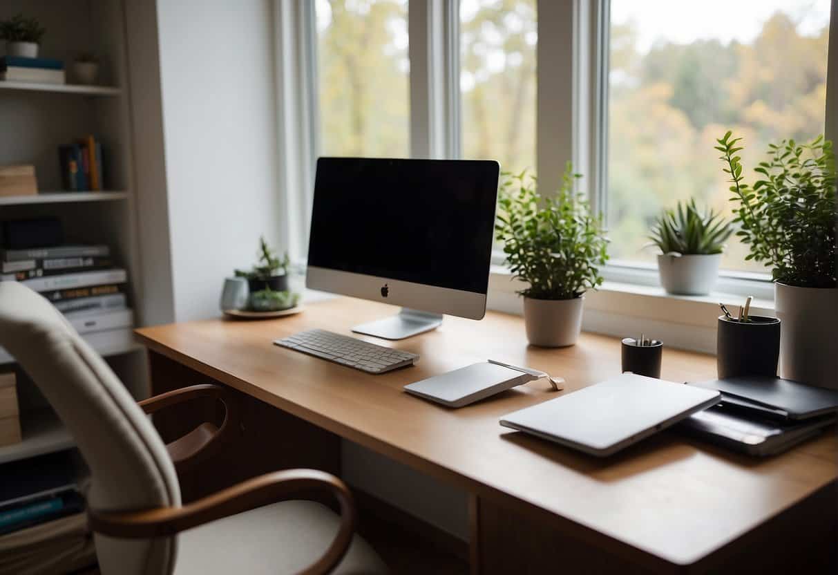 A peaceful home office with a tidy desk, a comfortable chair, and a window with natural light. A laptop and a notebook are neatly placed on the desk, creating a calm and organized work environment