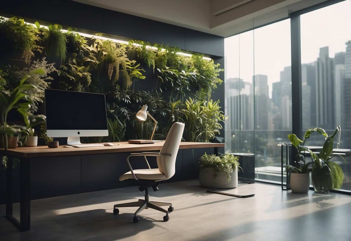A serene, futuristic workspace with natural light, greenery, and modern technology. A calm, organized environment promotes reduced stress levels for remote workers
