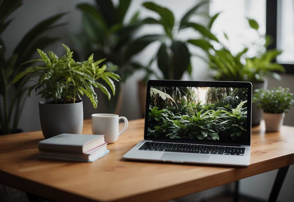 A laptop on a desk, surrounded by plants and a calming workspace