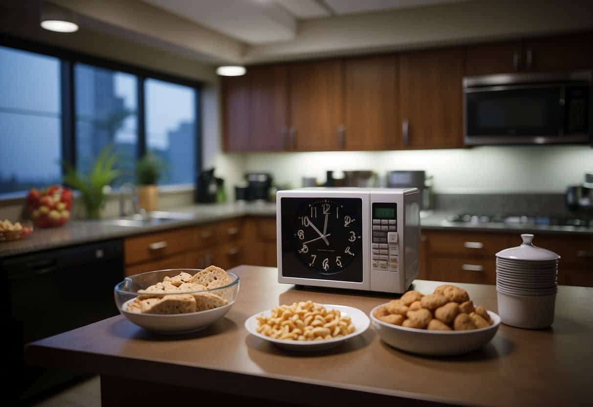 A dimly lit break room with a microwave, refrigerator, and healthy snack options. A clock on the wall shows the late-night hour