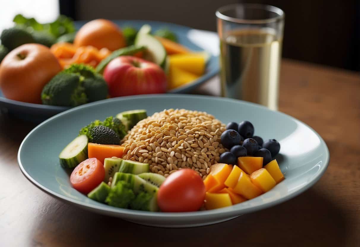 A balanced plate with lean protein, whole grains, and colorful vegetables, accompanied by a side of fresh fruit and a bottle of water