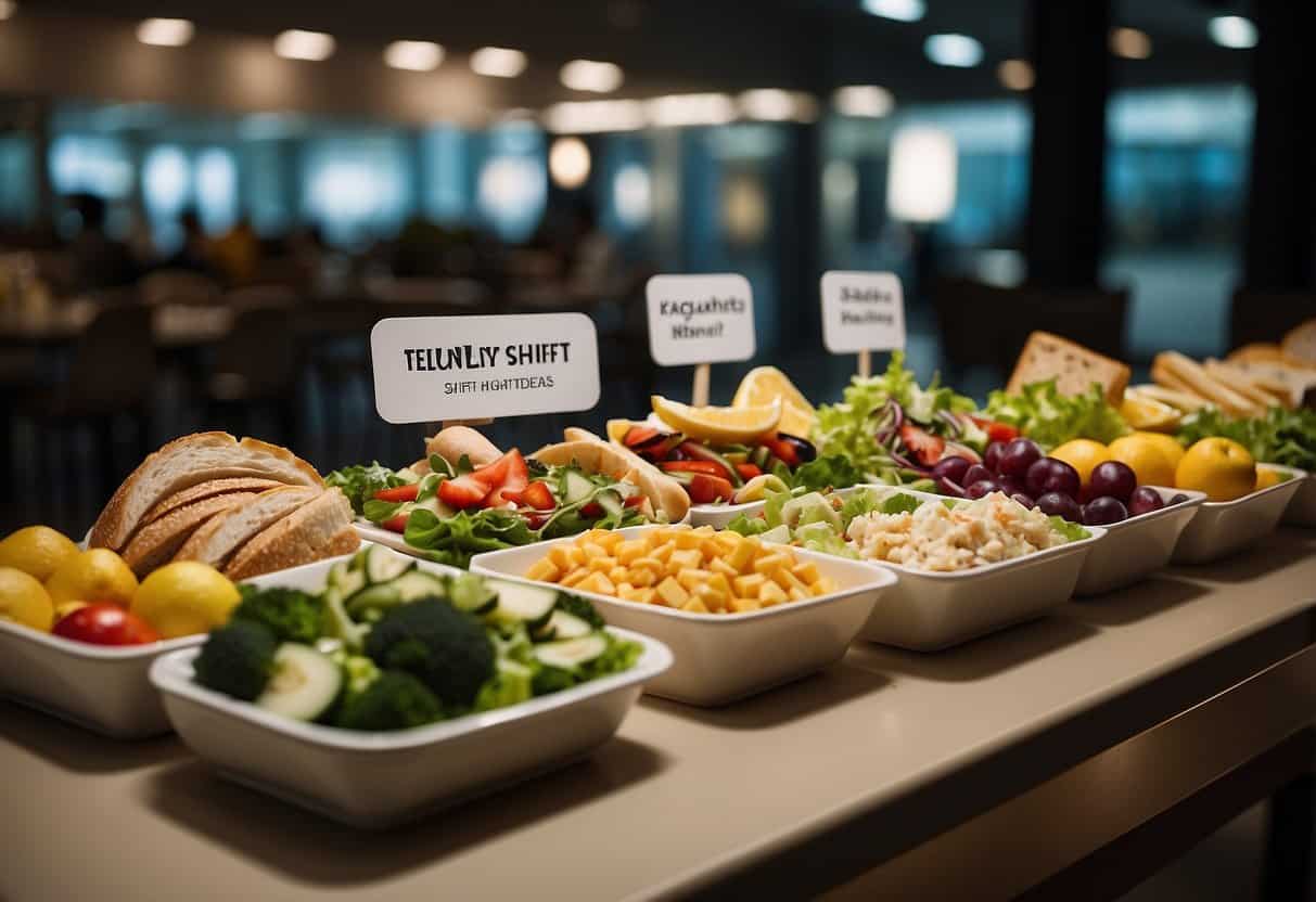 A table with a variety of healthy lunch options, such as salads, sandwiches, and fruit, displayed next to a sign reading "Frequently Asked Questions night shift lunch ideas."