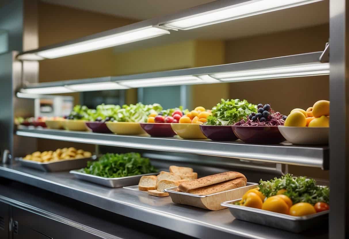 A well-lit break room with a variety of healthy food options, including salads, fruits, and whole grain sandwiches. Water coolers and herbal tea stations are easily accessible