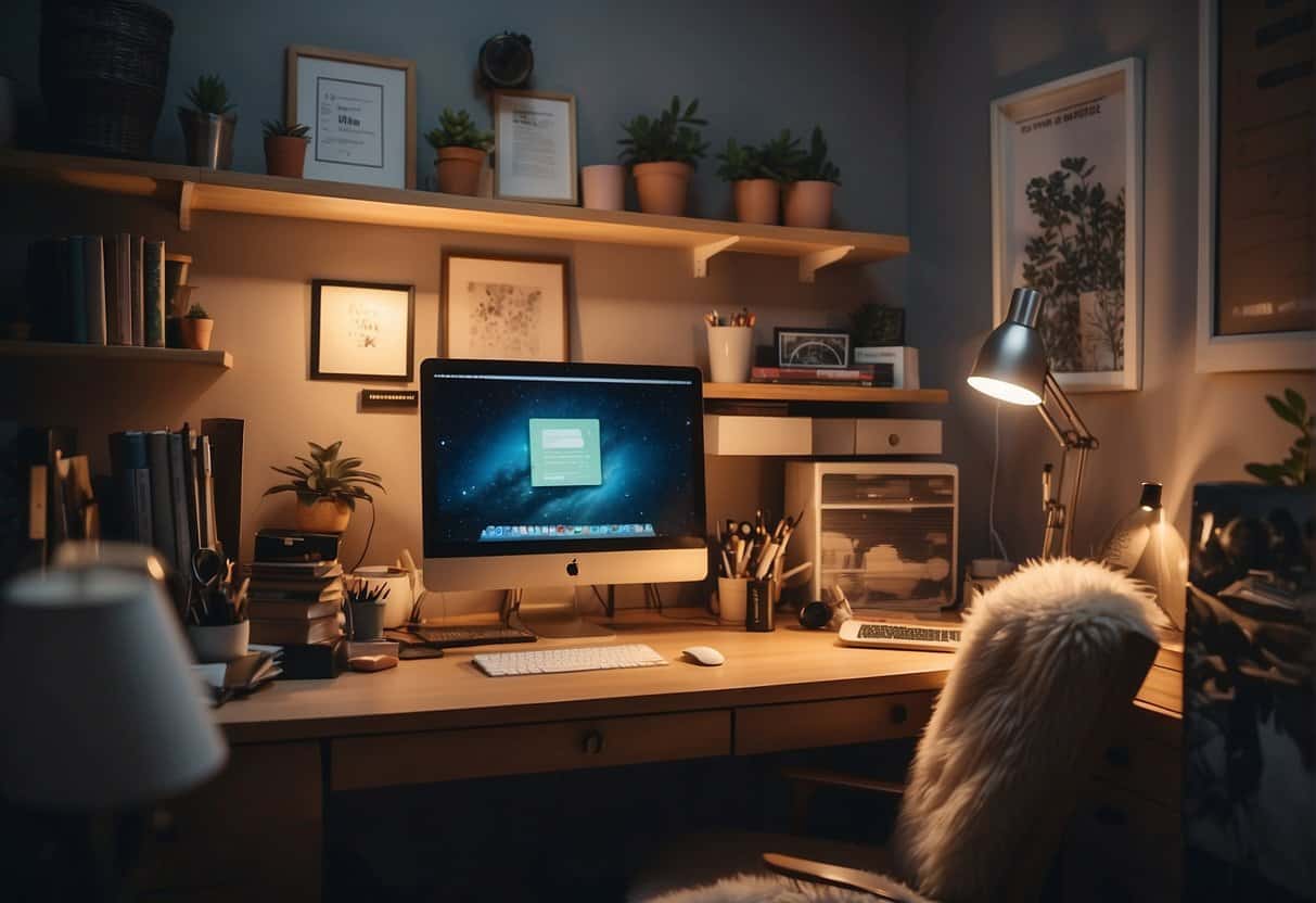 A cozy, cluttered home office with a large desk, art supplies, and a computer. Soft lighting and a comfortable chair create a peaceful atmosphere for a creative introvert to work in