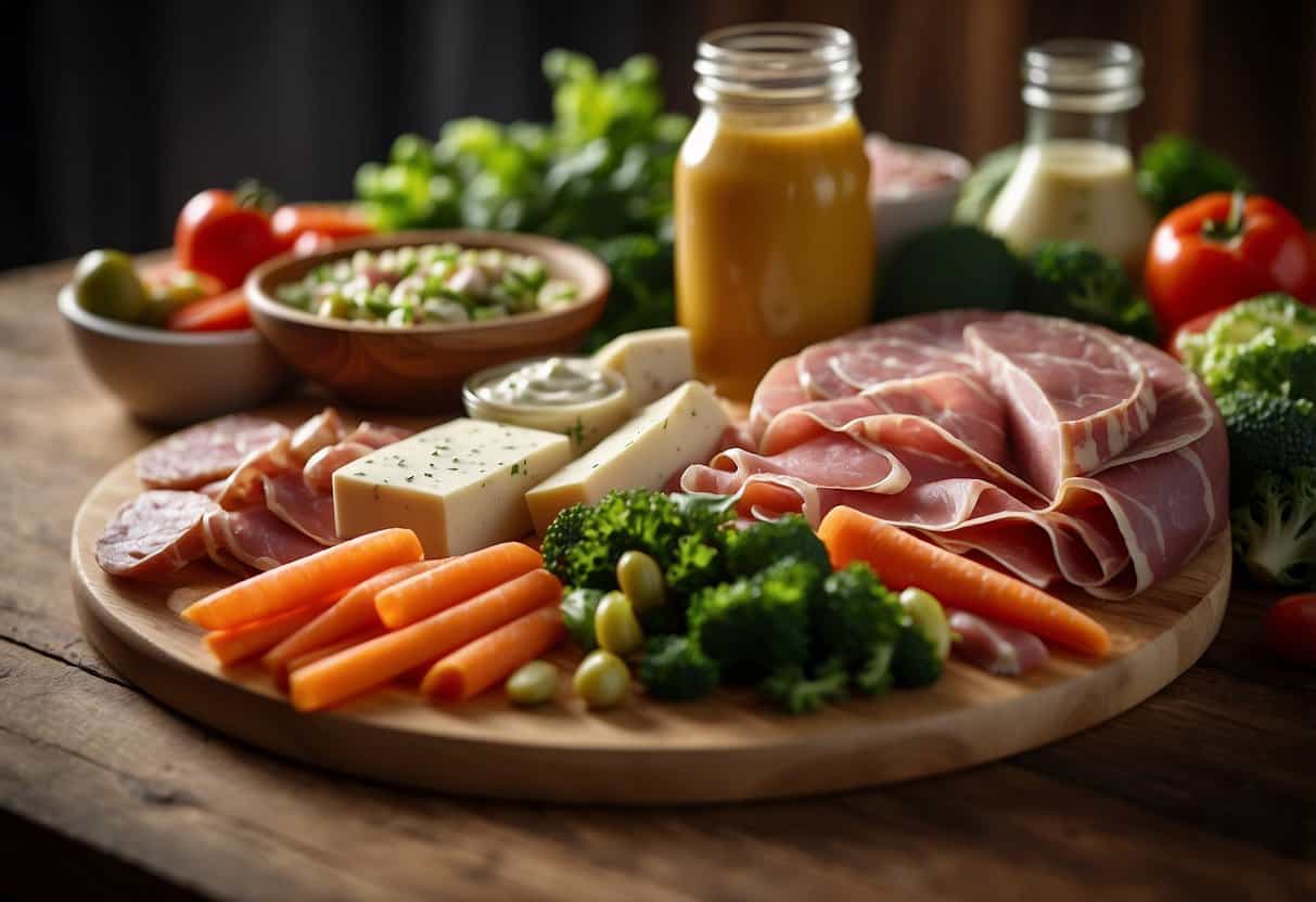 A variety of keto-friendly foods spread out on a table, including avocados, nuts, cheese, and vegetables. A meal prep container and a water bottle sit nearby