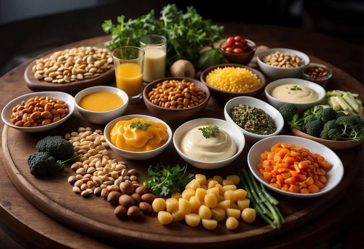 A table set with a variety of colorful vegetables, nuts, and cheeses, alongside a selection of flavorful sauces and dressings