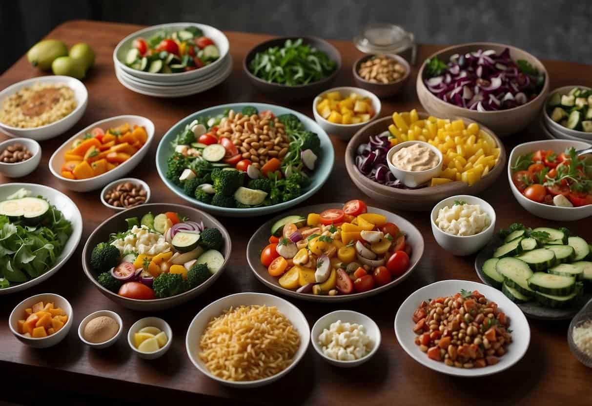 A table set with a variety of colorful and appetizing dishes, including salads, grilled vegetables, and protein options, all labeled with "lazy keto" tags