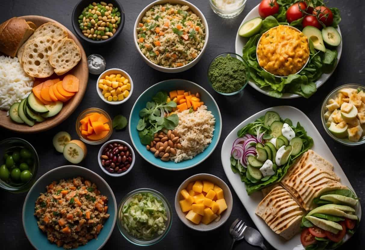 A colorful spread of easy keto lunch options, including salads, wraps, and protein bowls, with vibrant ingredients and simple presentation