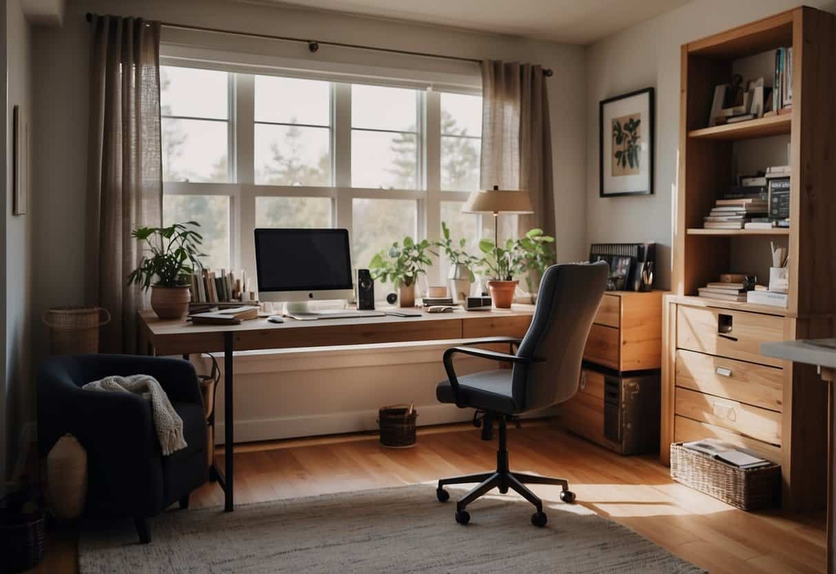 A cozy home office with art supplies, a computer, and a comfortable chair. A peaceful and quiet environment with natural light and inspiring artwork on the walls