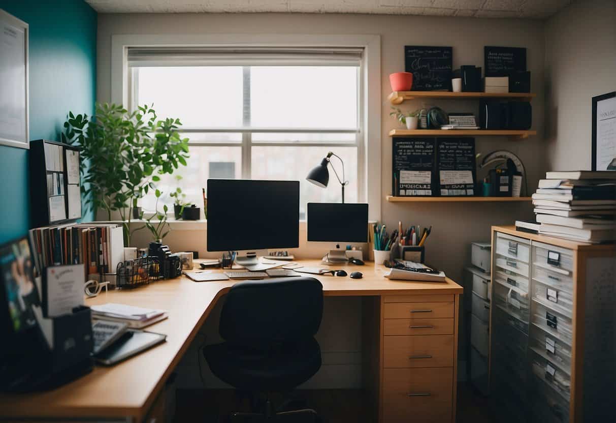 A quiet office with a desk cluttered with art supplies, a computer, and a notebook. A sign on the wall reads "Best Careers for Creative Introverts" with a list of job titles underneath